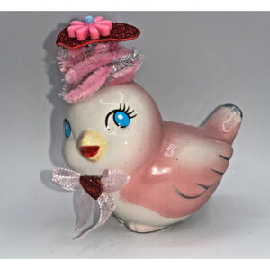 Vintage Pink Ceramic Bird Valentines Day Pink Flower Princess Heart Hat OMG OOAK